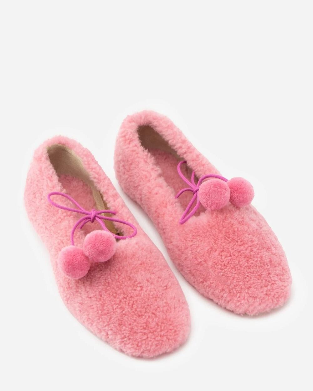 NWT Sleeper Lulu Pink Shearling Pom Pom Ballet Flat Slippers Loafers Cozy 40
